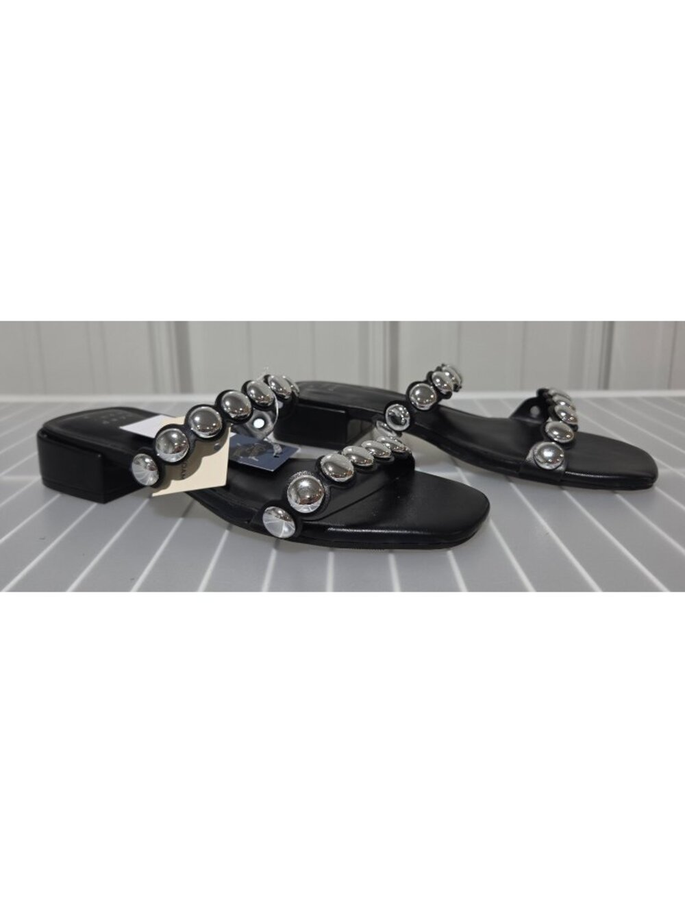A New Day Caity Black & Studded Accented Dual Strap Mini Heel Sandals -- Size 7